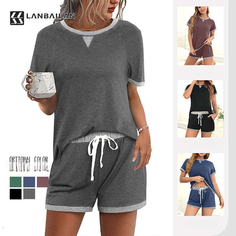 2025 Spring/Summer European and American Women's Comfortable Color blocked T-shirt Top Shorts Two piece Set New Casual Versatile Fashion Clothing