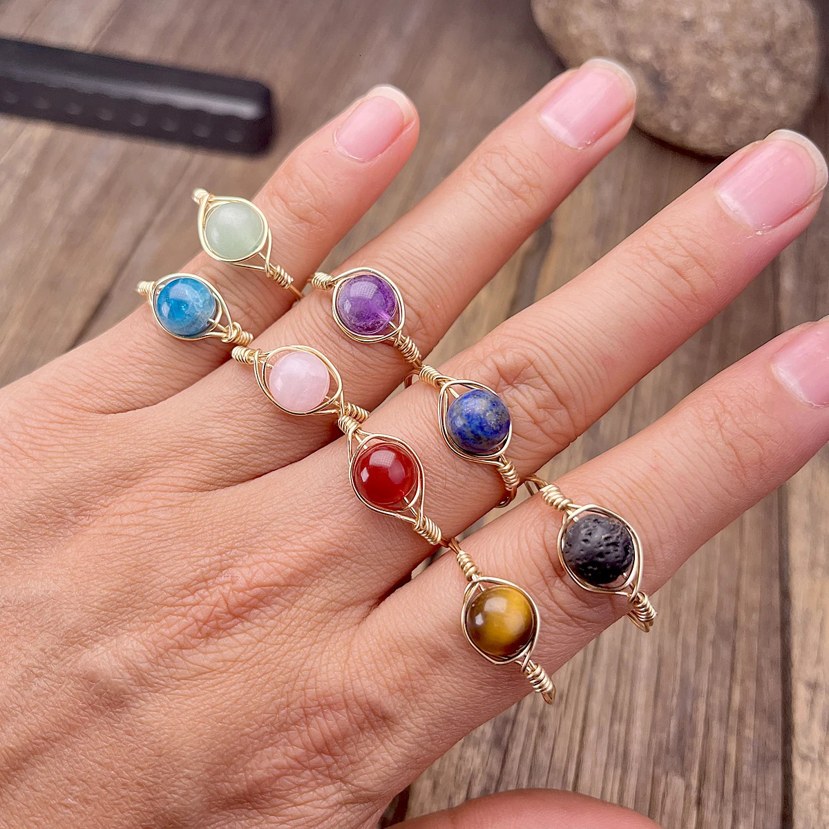 Dainty Friendship Copper Plated With 14K Gold Wire Wrapped Stone Rings Healing Crystals For Women Custom Hippie Jewelry 250110