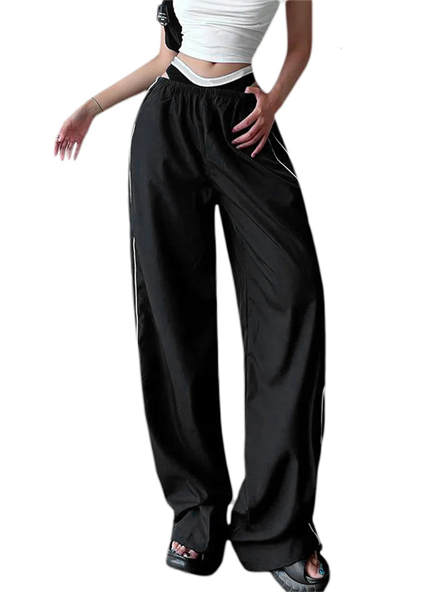 Baggy Cargo Sweatpants for Women Low Wasit Wide Leg Parachute Pant Side Striped Bow Track Pants Y2K Streetwear 250113