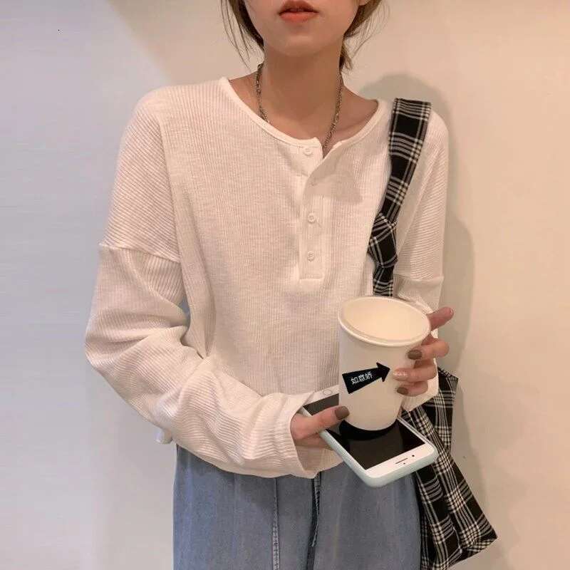White And Black Knitted Basic T-shirt For Women's Spring And Autumn Casual Round Neck Button Decoration Long Sleeved Designer T-shirt Full Top Wo