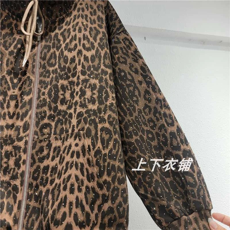 Leopard Print Loose Hooded Coat Leisure Suit Sportswear Women Two Pieces Set Fashion Cardigan Zipper Hoodies Pants Two-Piece 250113