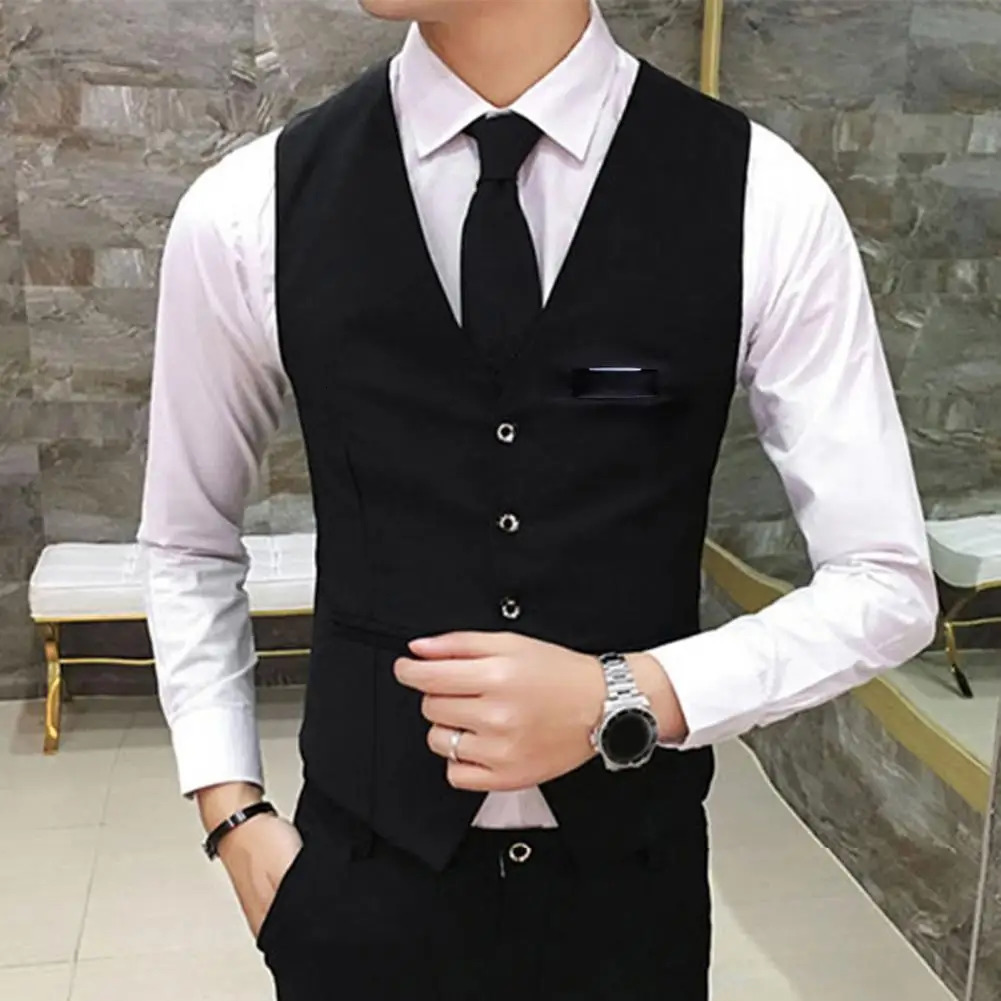 Men Suit Vest V Neck Sleeveless Solid Color Waistcoat Slim Fit Singlebreasted Cardigan Formal Business Coat Groom Wedding 250114Z