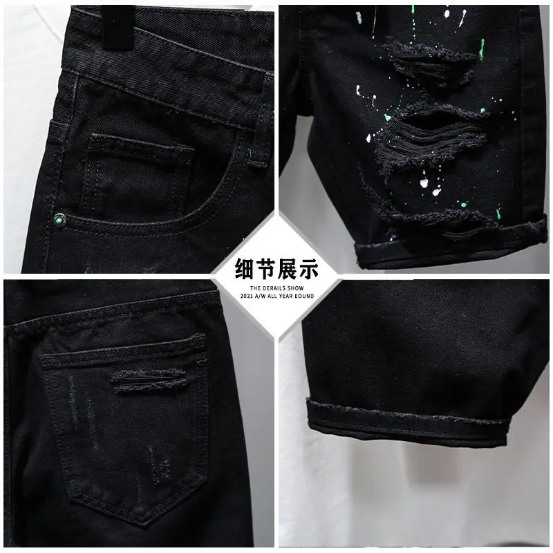 Fashion Summer Casual Denim Jeans Knee Length Shorts for Men Black Cowboy Low Rise Ripped Holes Boyfriend Mens Denim Shorts 250109