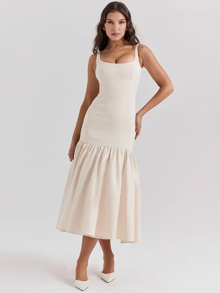 Summer Women Ruffles Suspenders Dress Slim Solid Square Collar Sleeveless Vestidos Spring Fashion Female Party Robes 250109