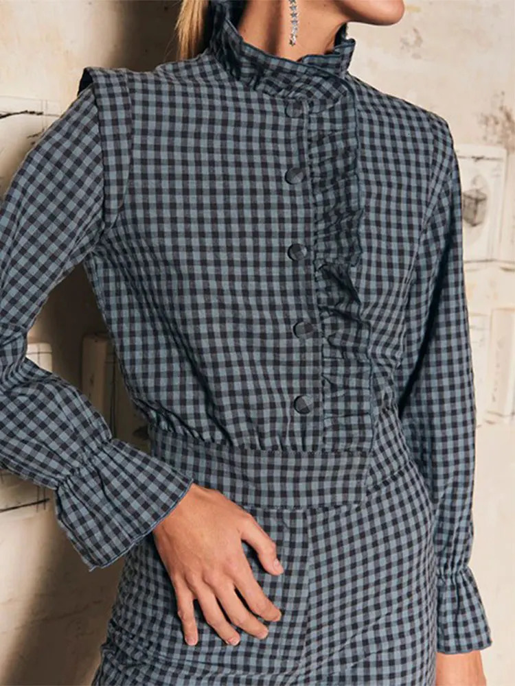 Vintage Plaid Ruffle Hem Button Jumpsuits Females Bevel Buckle Stand Neck Full Sleeve Top Suits Fashion Commute Wears 250107