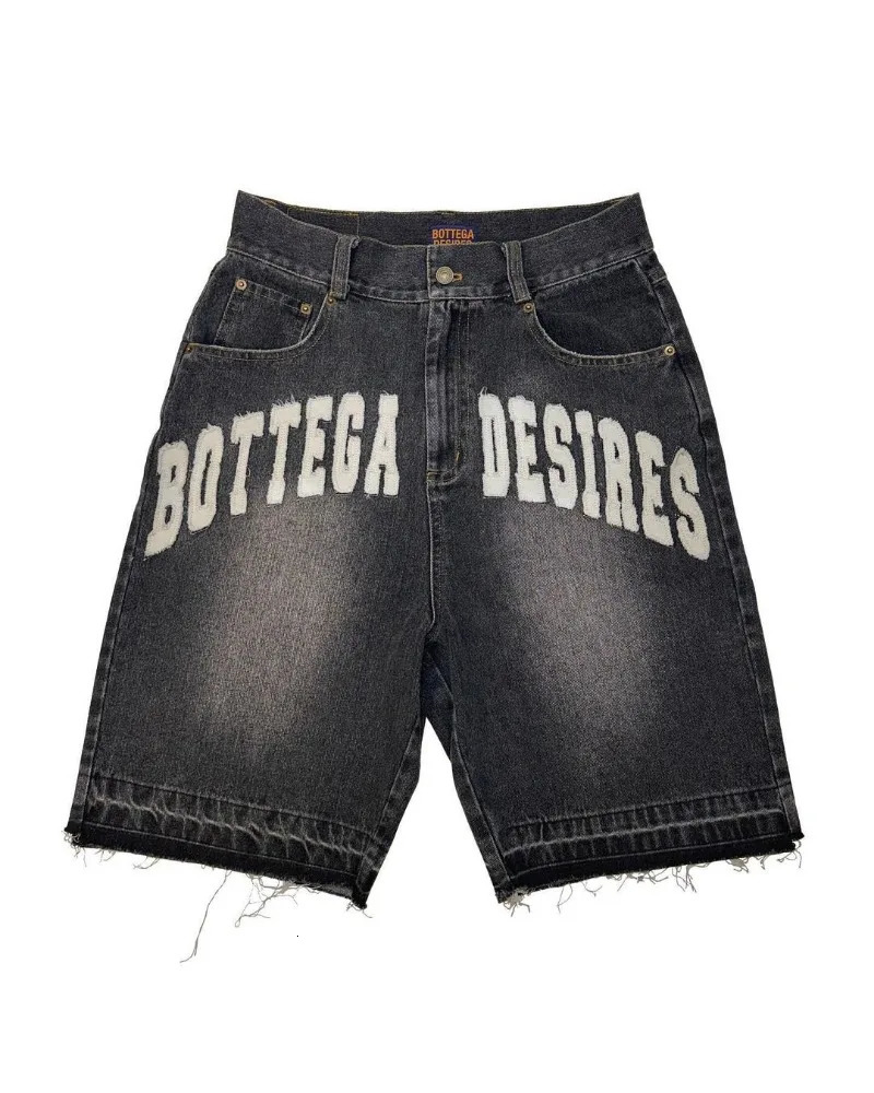 American street Harajuku retro denim shorts with letter embroidery oversized jeans mens Y2K loose casual short socks 250108