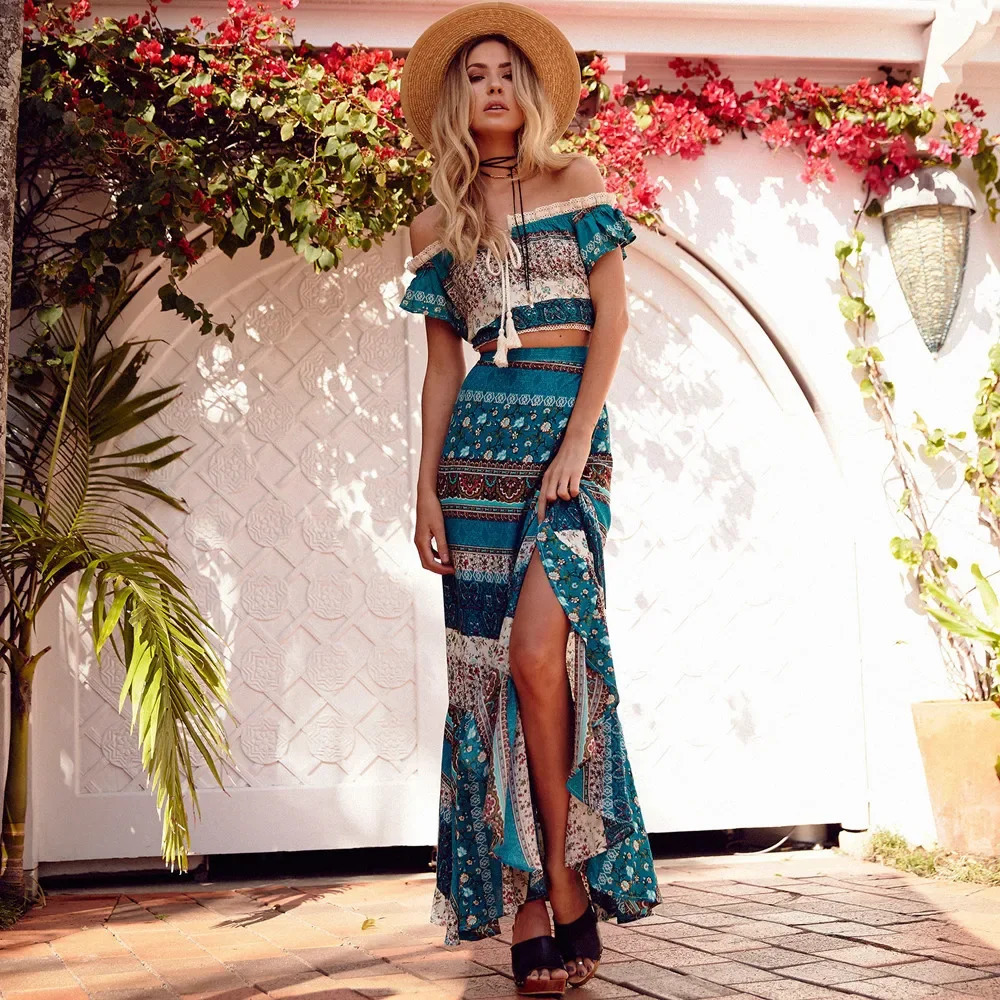 Old Summer 2 Piece Set Womens Floral Printed Two Piece Bohemian Skirt Suit Hippie Boho Chic Crop Top Beach Sets Clothing 250118