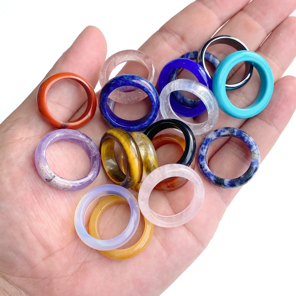 1620mm Natural Stone Round Finger Rings Hematite Tiger Eye Rose Quartzs Ring Yoga Healing Energy for DIY Necklaces 5PCS 250110