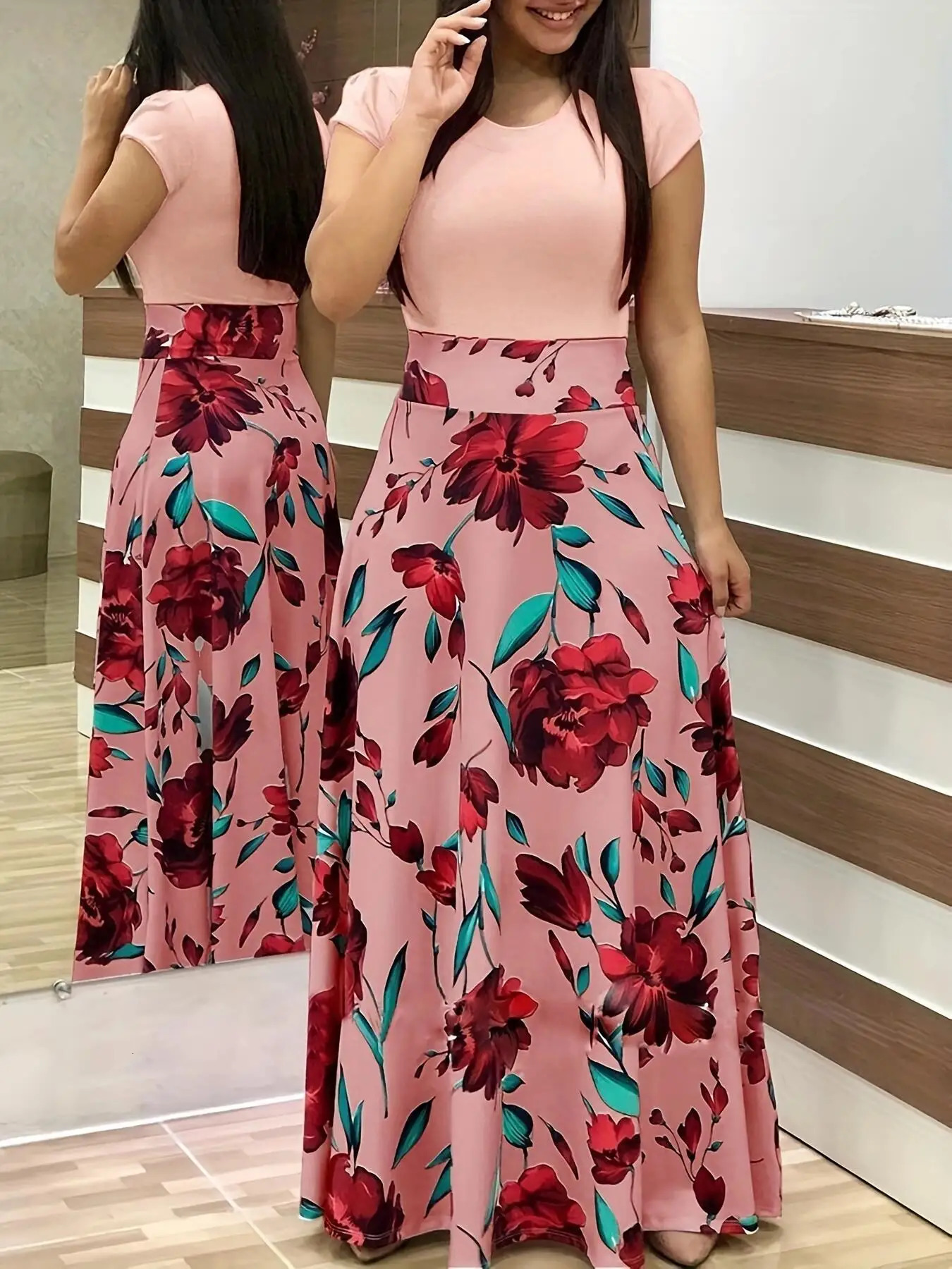 European and American style flower print color matching short sleeved dress for womens large swing skirt 250117