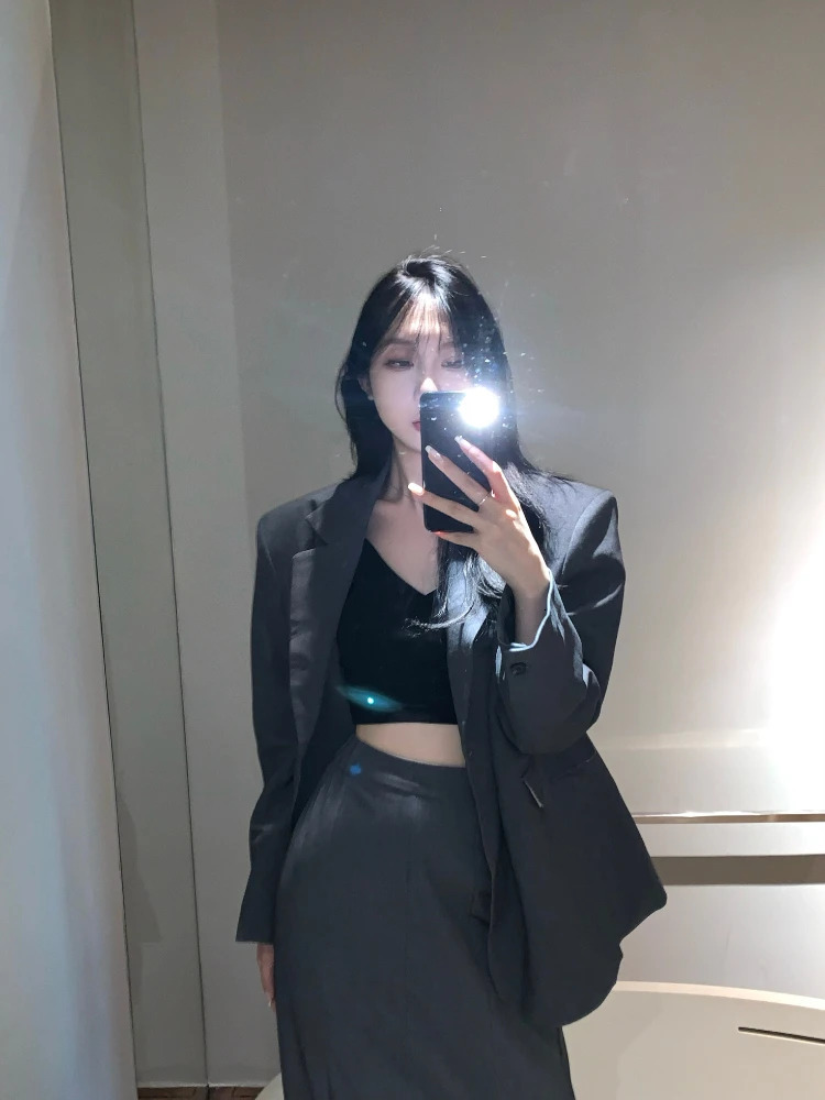 Womens Blazer Suits Skirt Sets Ladies Korean Side Button Suit High Waist Slim Mid-length Fishtail Skirt Blazers 250109