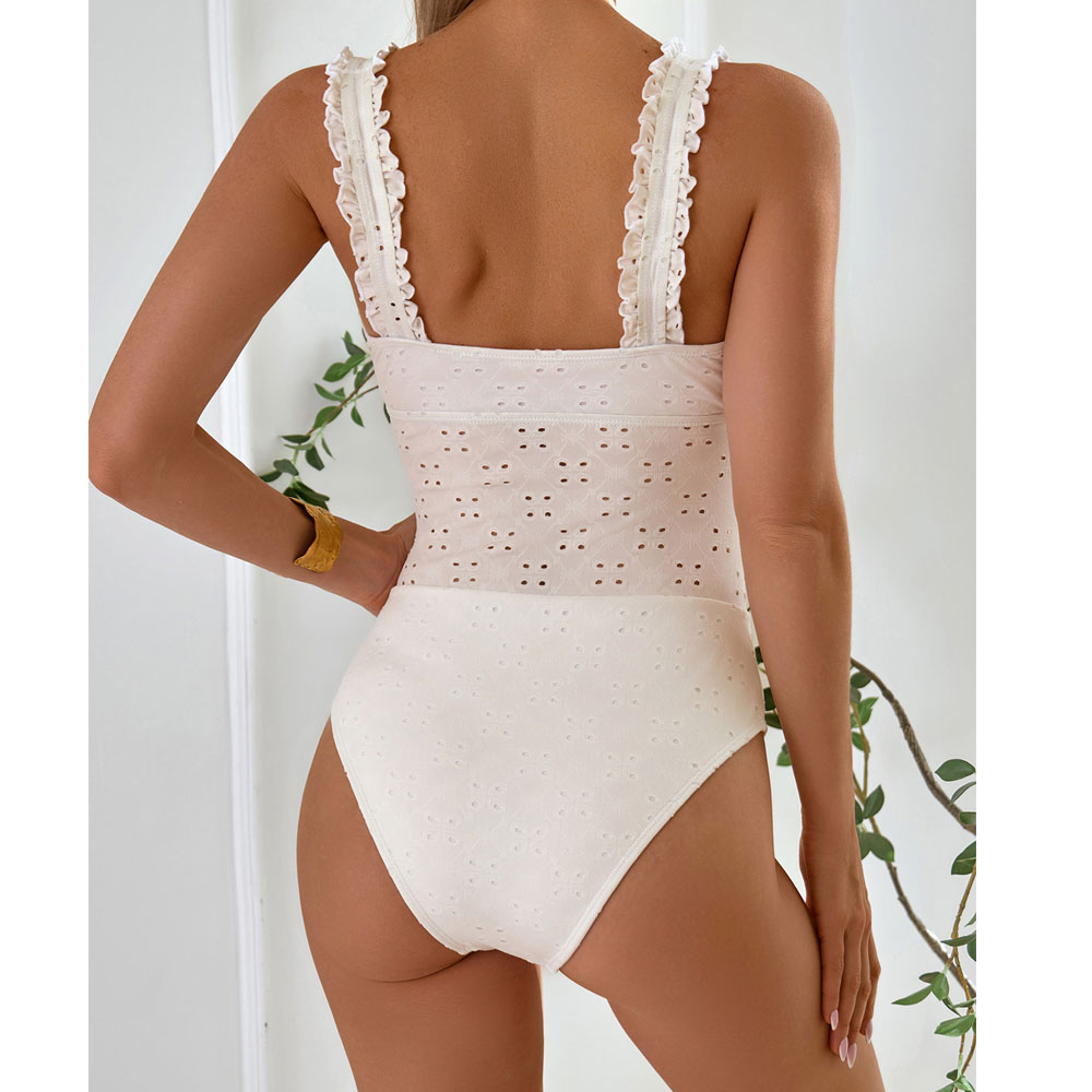 Bowknot Detailed Pierced Special Material Ruffle Trim Wide Strap One Piece Swimsuits Modest Swimwear For Women