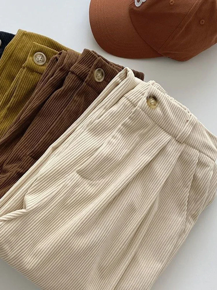 Vintage High Waist Corduroy Pant Spring Fall Straight Causal Full Length Trousers Korean Fashion All Match Black Pants 250113