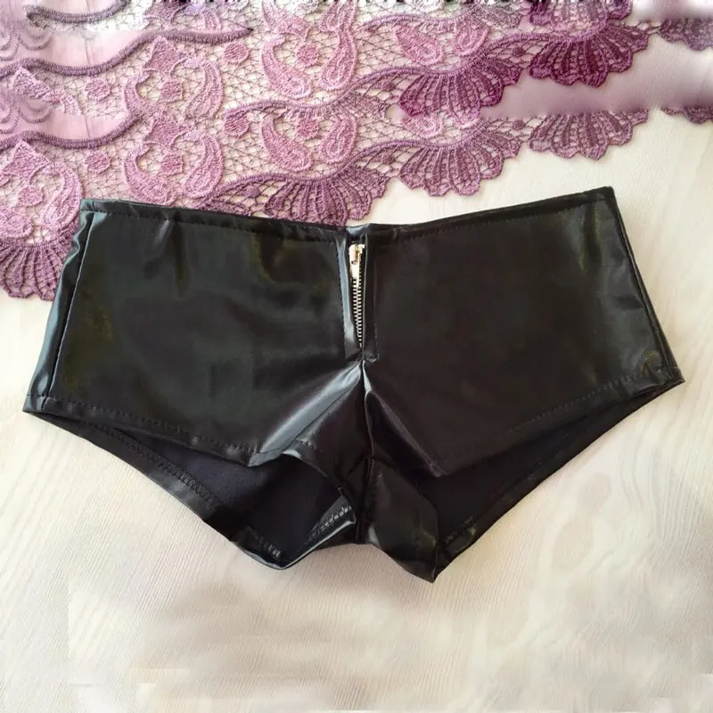 Zipper Shorts Sexy PU Leather Micro Mini Nightclub Shorts with Low Rise Waist