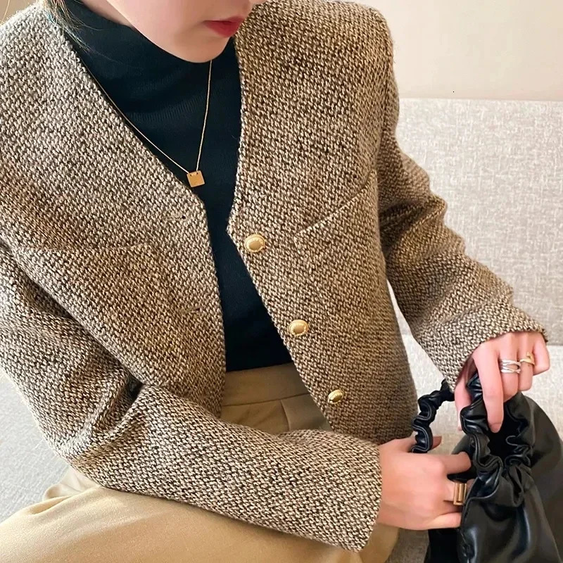 Tweed Coat Autumn Winter Korean Simple jacket O Neck Retro Single Breasted Suit Khaki Outwear Top I185 250109