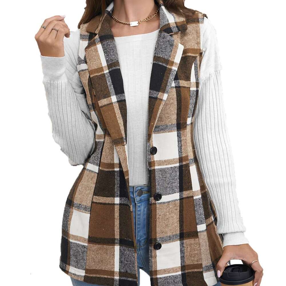 Spring Autumn Winter Top European American Fashion Women's Wear Collar Suit Vest Checkered Coat 2025 New Style Unique and Elegant Clothing