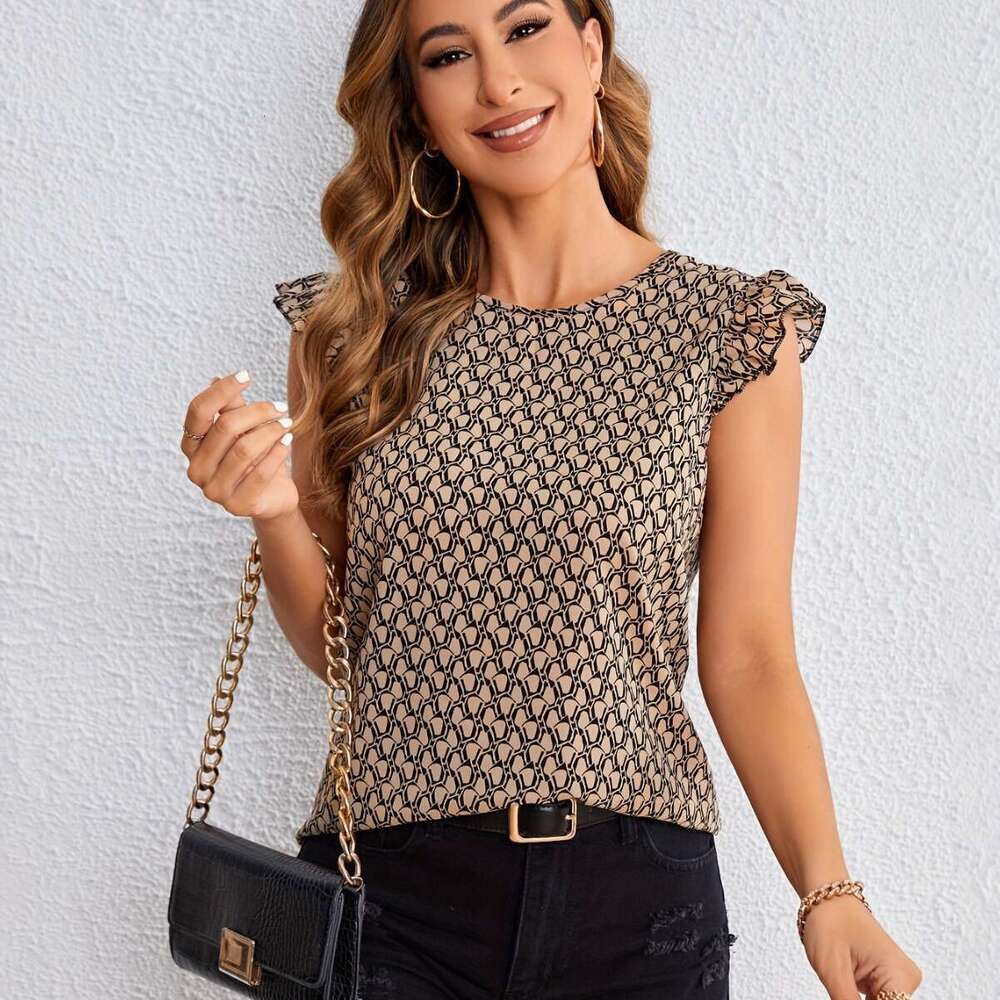 European American Spring Autumn women's autumn and winter full page printed lace up ruffle edge trimmed shirt 2025 new casual versatile fashion c