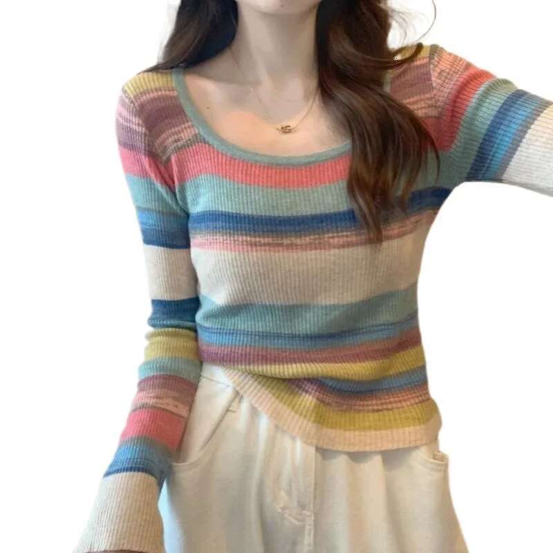 New Spring And Autumn Rainbow Stripe Square Collar Colorful Long Sleeve Base T-shirt For Women Inner Collar Knitted Top Thin Designer T-shirt