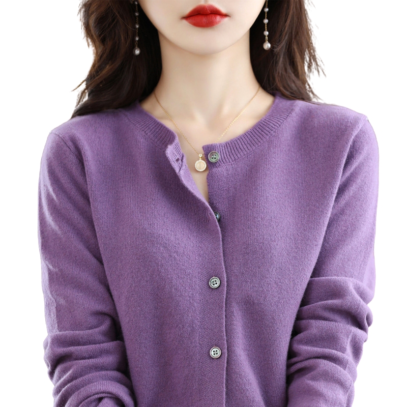 New Knit Cardigan for Early Spring Women's Round-Neck Sweater Long-Sleeve Solid Color Versatile Jacket