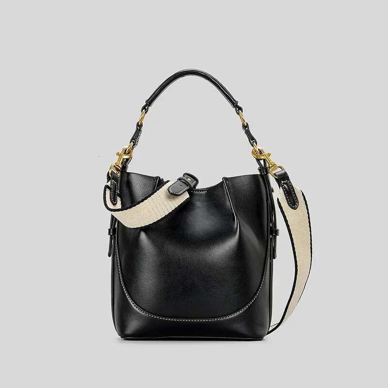 New Fashion Splicing Canvas Bucket Bag Designer Women's Handbag Pu Leather Shoulder Width Strap Handbag
