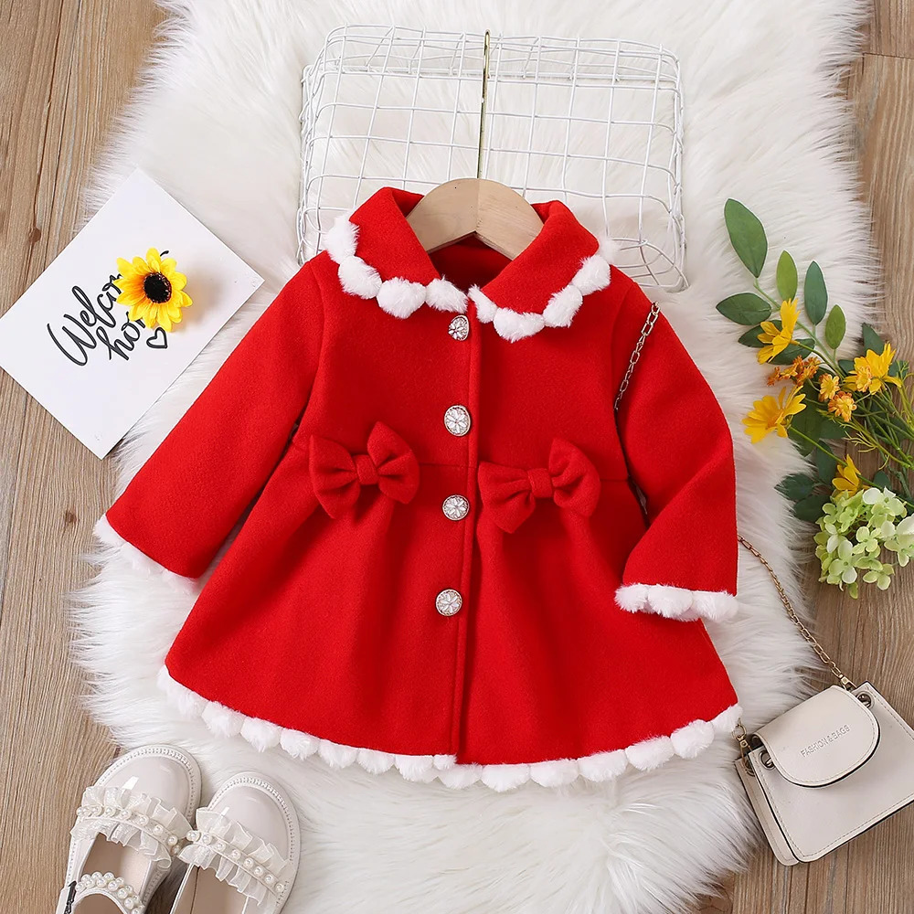 Winter Dresses for Girls Delicate Button Coat Bow Long Sleeve Furry Nizi Sweet Princess Dress Fashion 250117