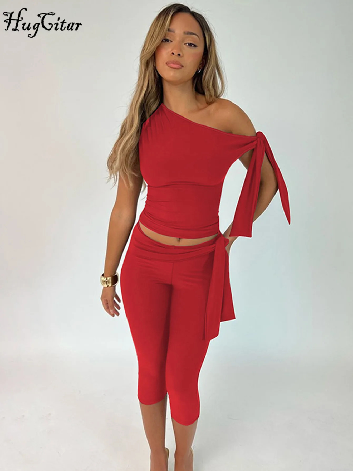 Hugcitar Fashion 2 Pcs Sets Solid One Shoulder Sleeveless Draped Sexy Top Knee Length Pant Y2K Outfits Festival Party 250109