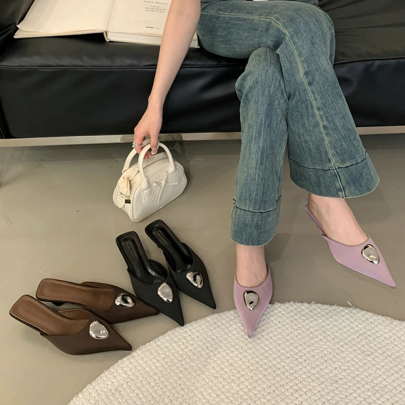 SUOJIALUN 2025 Spring Women Slipper Fashion Square Low Heel Slip On Mules Shoes Pointed Toe Ladies Elegant Slides Sandal 250113