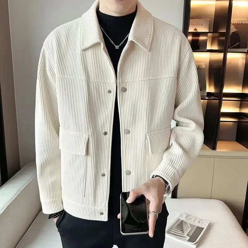 2024 Spring and Autumn Fashion Simple Oversized Polo Pocket Long Sleeve Solid Color Premium Corduroy Mens Jacket Coat 250113