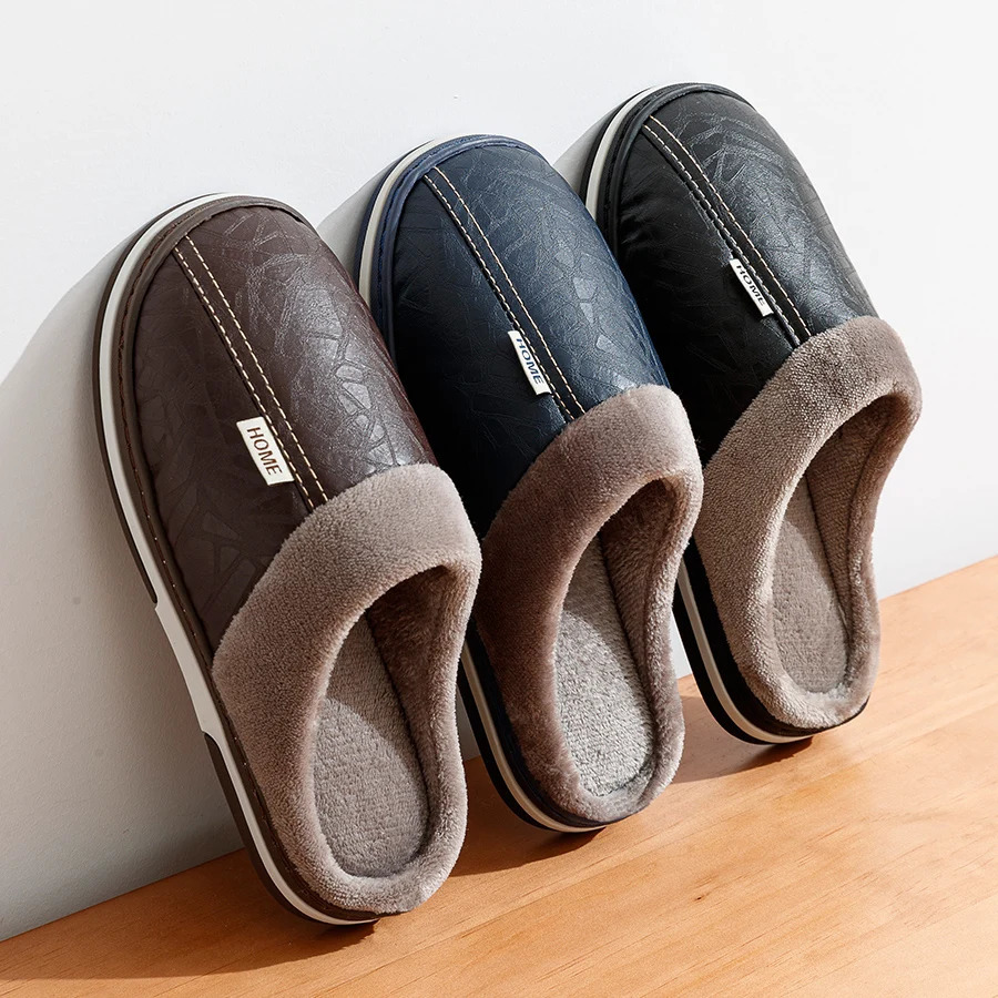 Big Size Mens slippers Winter Indoor Waterproof PU Leather Large Sizes Home Cotton shoes Fur Flat Cotton Bedroom Houseshoes250114