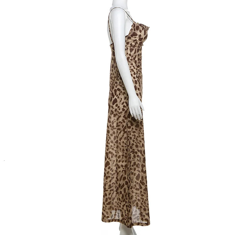Ladies Vintage Leopard Print Women Sexy Spaghetti Strap Summer Dress Chic Swing Collar Backless Party Club Long Dresses Female 250117