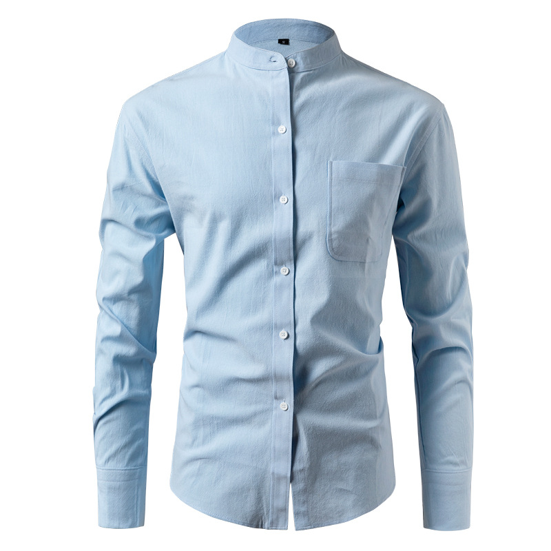 D195 New Stand Collar Shirt Amazon Long Sleeve Cotton Men's Casual Imitation Linen Shirt Men's Trend