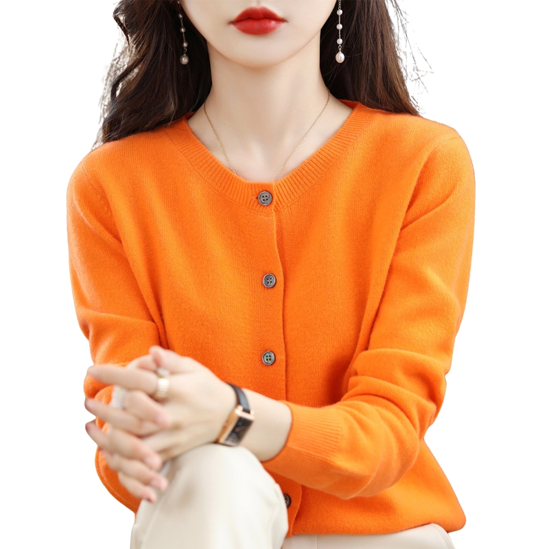 New Knit Cardigan for Early Spring Women's Round-Neck Sweater Long-Sleeve Solid Color Versatile Jacket