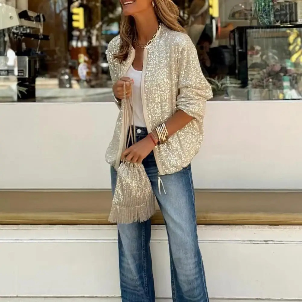 Shining Sequin Nightclub Women Coat O-neck Long Sleeve Zipper Placket Casual Jacket Loose Fit Solid Color Coat Outwear 250113