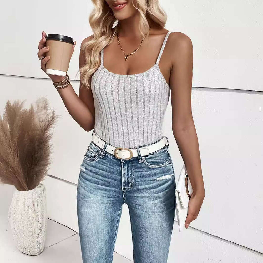 European American Spring Autumn Winter Solid Color Ribbed Knitted Strap Top, 2025 New Style, Unique and Elegant Clothing