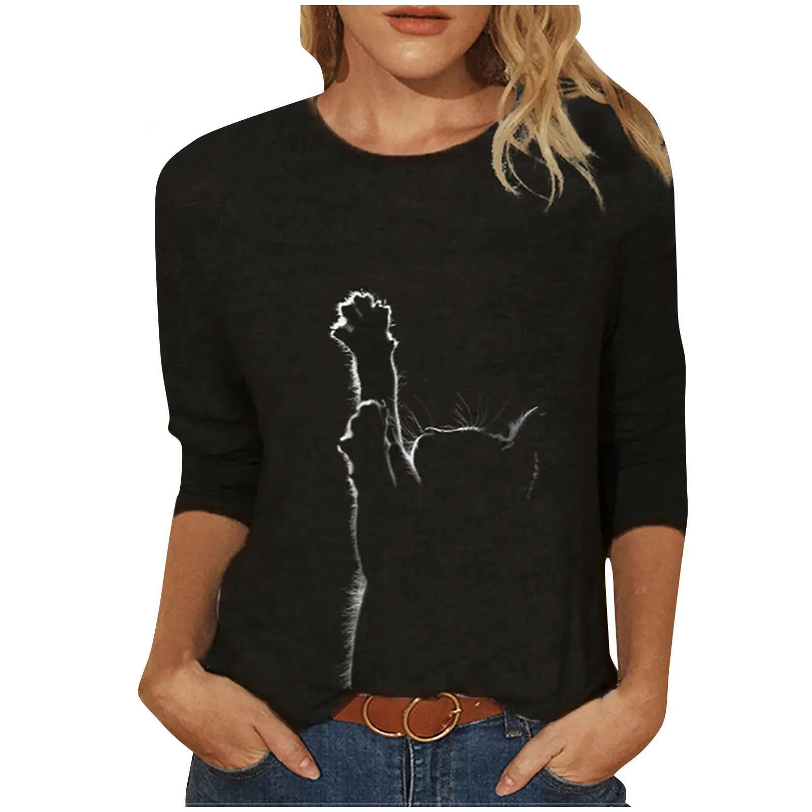 Autumn And Winter Loose Cat Print Casual Long Sleeved T-shirt Top Women's Shirt 2025 Women's Summer Top Designer T-shirt