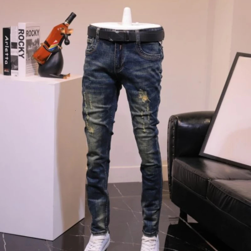 Trouser tear elastic perforated mens jeans slim fit jeans mens skinny jeans skinny jeans 250118