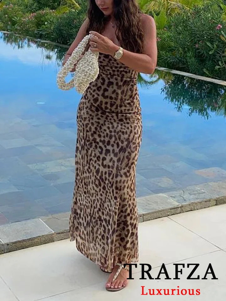 TRAFZA Vintage Leopard Print Chiffon Sexy Cami Dress Women V Neck Sleeveless Party Dress Fashion 2024 Summer Streetwear Dress 250107