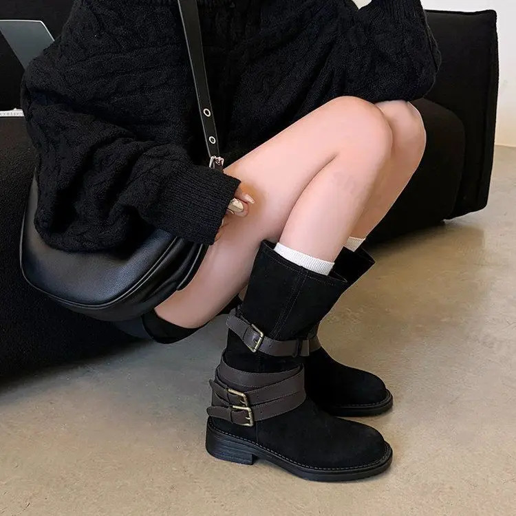 Pleated Buckle Knight Boots for Women Autumn Faux Suede Brown Midcalf Woman SlipOn Thick Heel Booties Botas De Mujer 250117