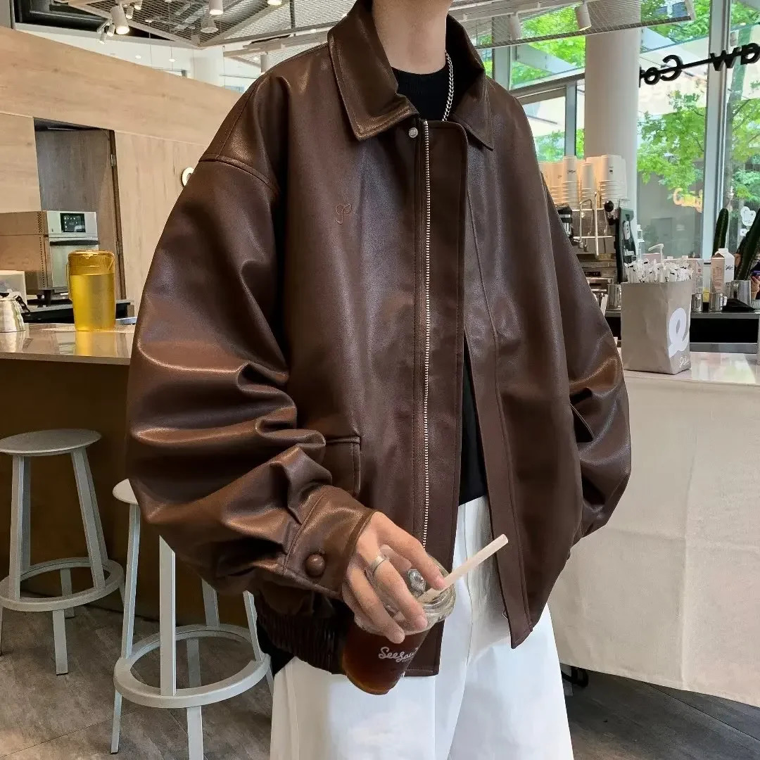 Brown Leather Jacket Style Men Womens Spring Autumn 2024 Motorcycle Clothing Cropped Coffee Color Vintage Maillard 250110