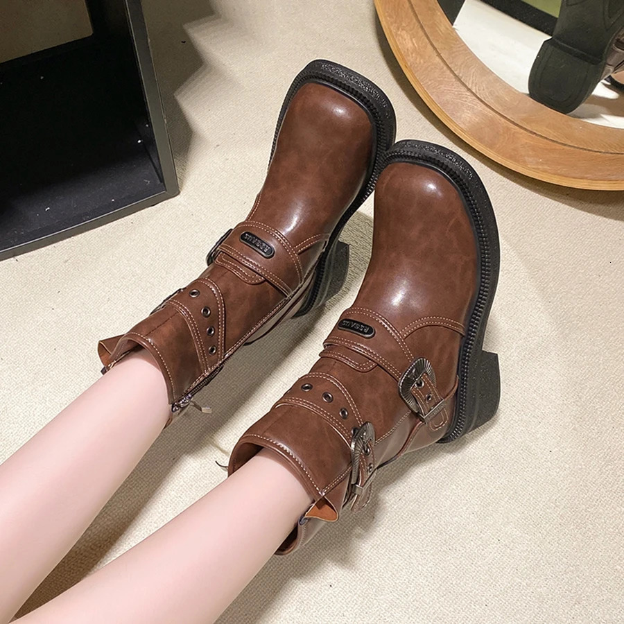 Brushed PU Leather British Style Short Boots Square Toe Thick Sole Belt Buckle Side Zipper Heel Knight for Women 250117