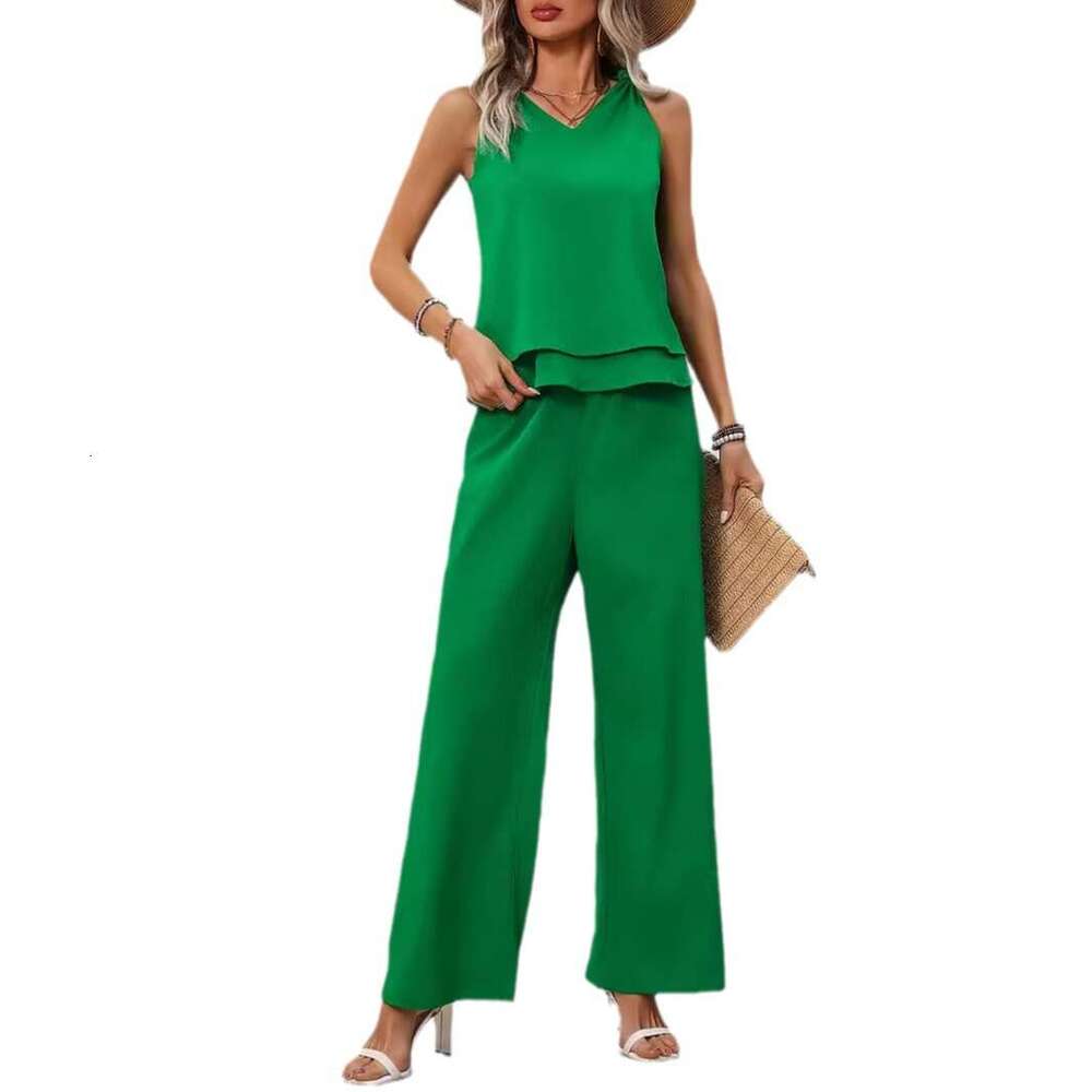 European American women's fashionable and casual sleeveless V-neck knotted short sleeved pants set with versatile temperament for 2025, new trend