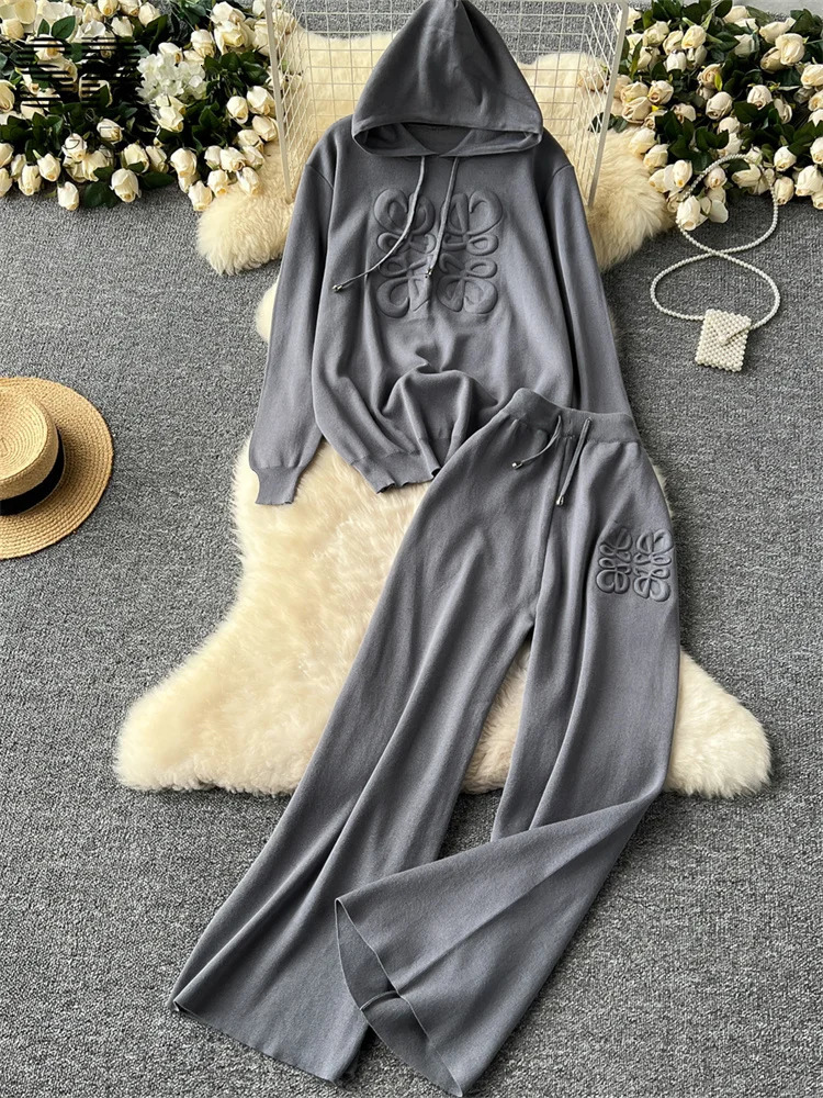 SINGREINY Lazy Casual Knit Two Pieces Set Women Autumn Winter Long Sleeve 3D Texture Printed HoodiesDrawstring Pants 2pcs Suits 250113