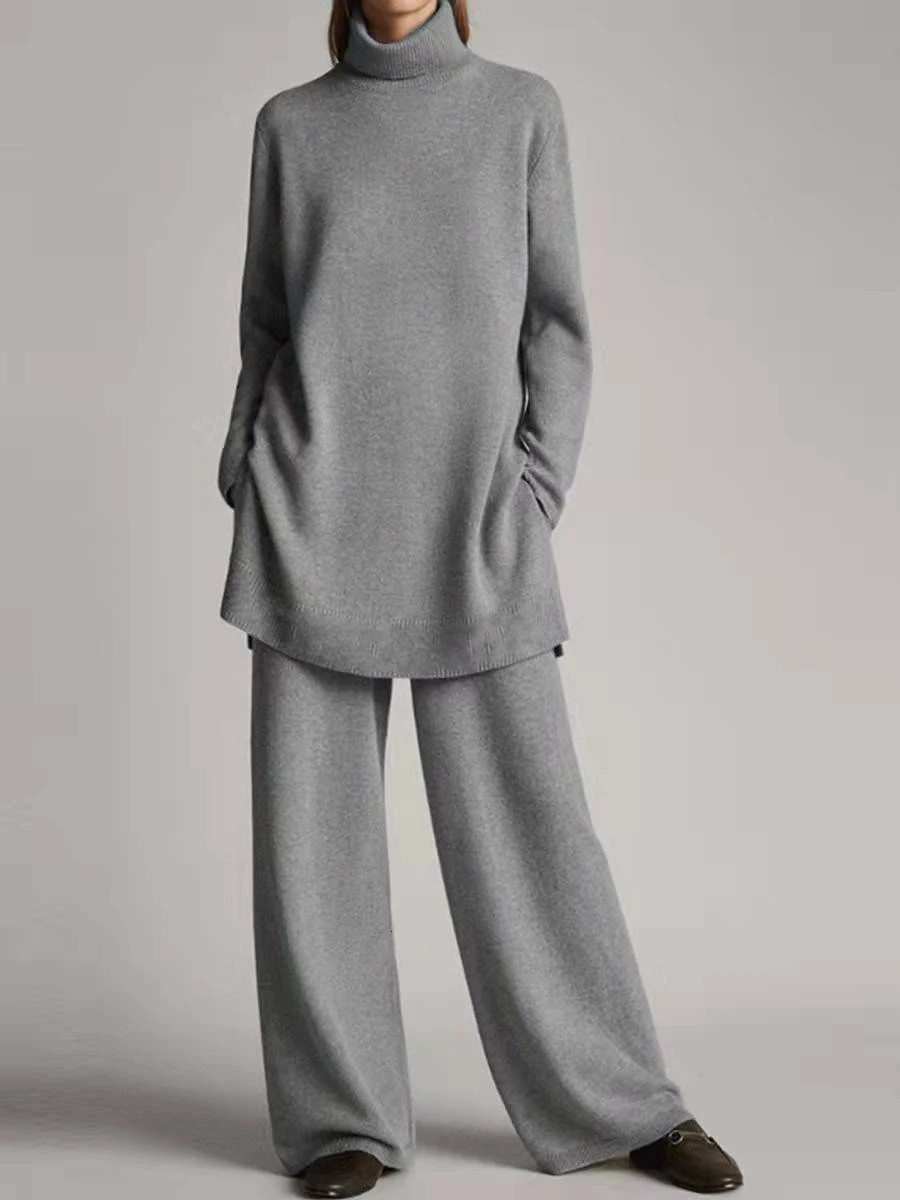 Thin spring Solid Color long Pants Set Loose Turtleneck Pullover Wide Legs Trousers Two Piece Female Casual Suit 250109