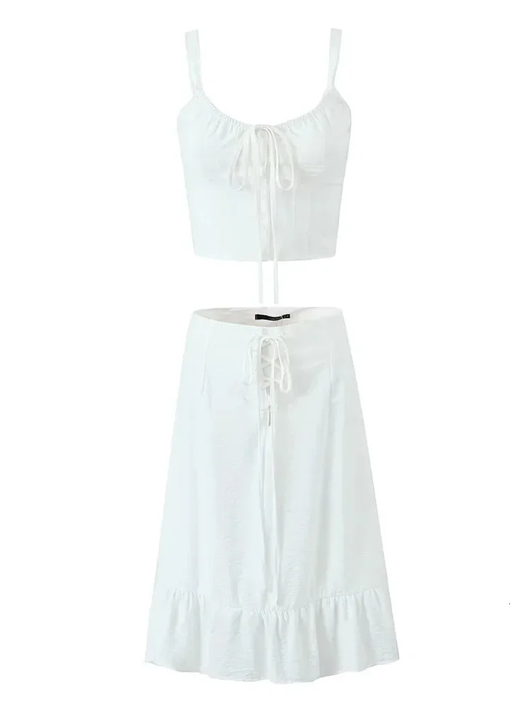 Foridol Lace Up White 2-piece Set Womens Summer Dress Set Beach Cotton Dress Set Midi Vestido Fashion Sundress 250110