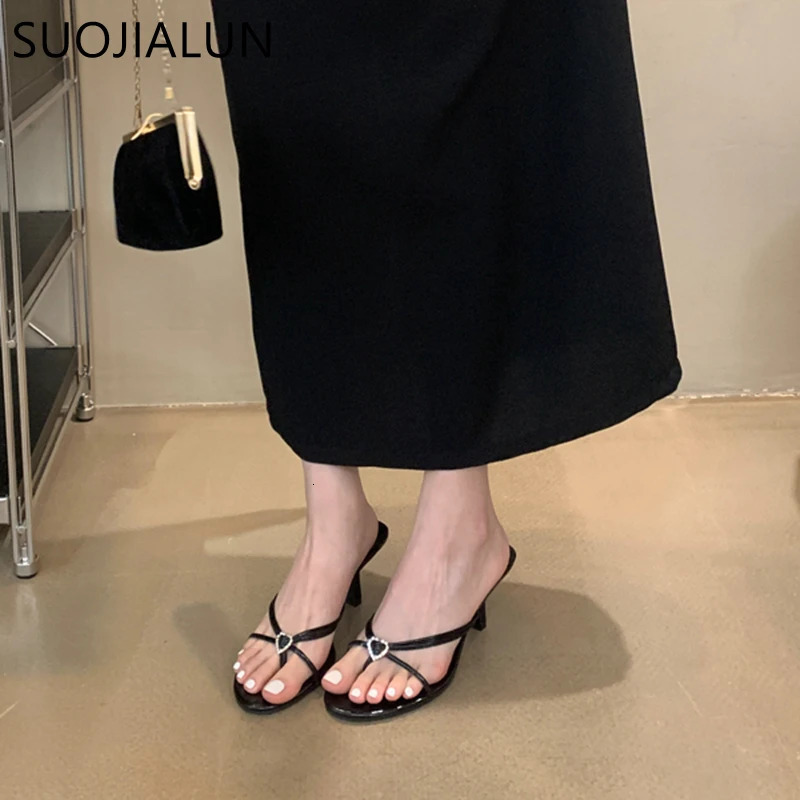 SUOJIALUN Summer Women Slipper Fashion Narrow Band Ladies Elegant Sandal Shoes Thin High Heel Dress Slip On Flip Flop 250113