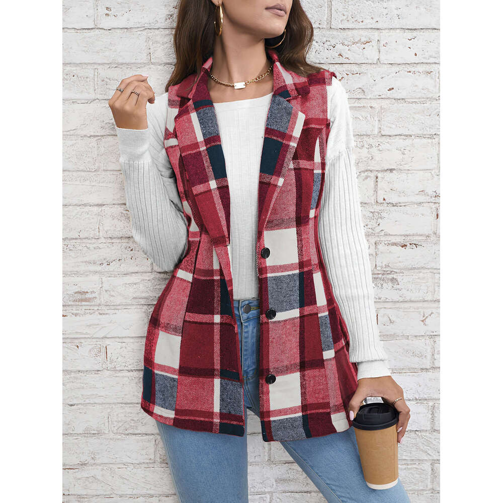 Spring Autumn Winter Top European American Fashion Women's Wear Collar Suit Vest Checkered Coat 2025 New Style Unique and Elegant Clothing