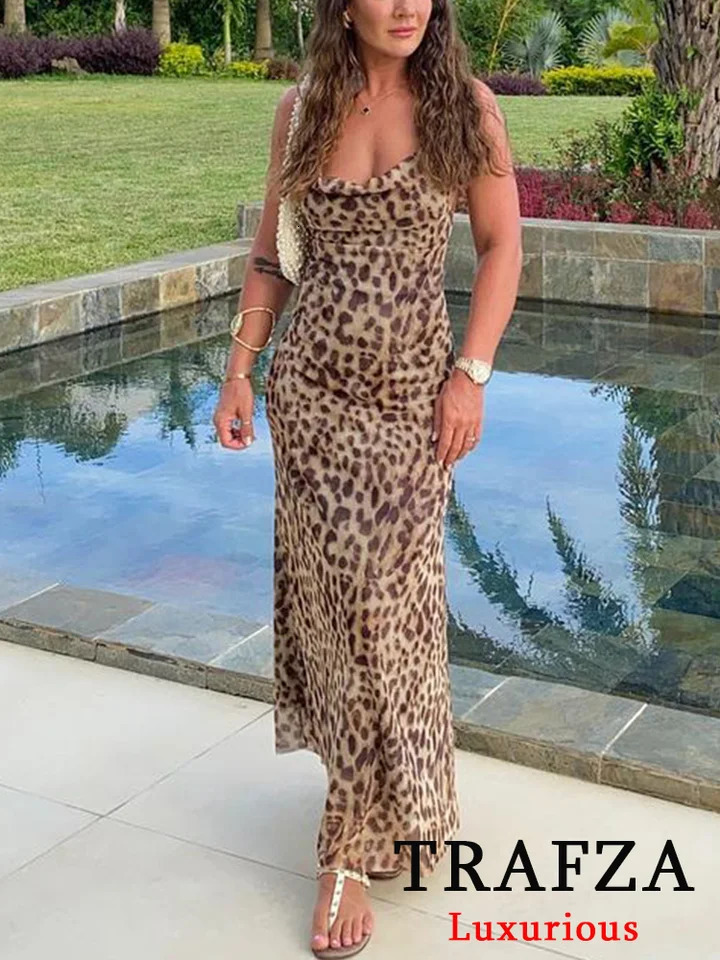 TRAFZA Vintage Leopard Print Chiffon Sexy Cami Dress Women V Neck Sleeveless Party Dress Fashion 2024 Summer Streetwear Dress 250107