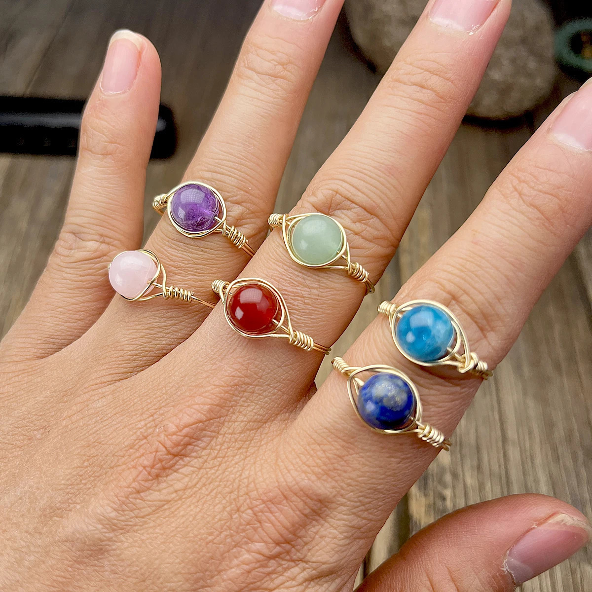 Dainty Friendship Copper Plated With 14K Gold Wire Wrapped Stone Rings Healing Crystals For Women Custom Hippie Jewelry 250110