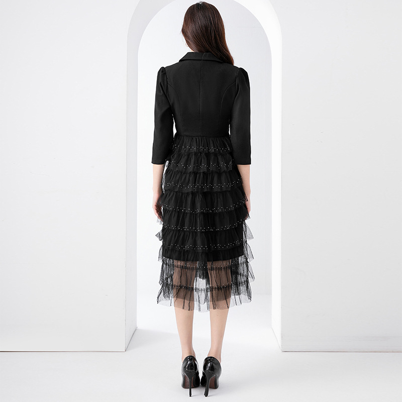 H1001 Mature slim dress black mesh cake skirt splicing suit dress temperament two pieces