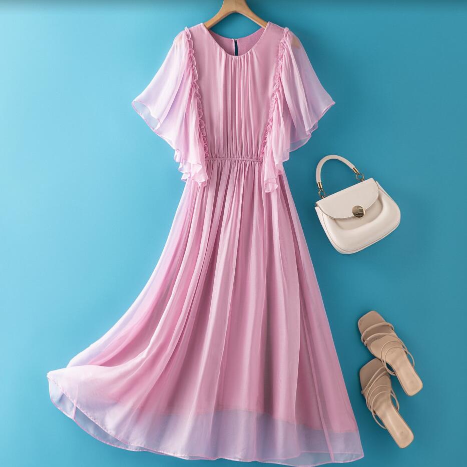 K3210 Mulberry silk waist slimming solid color dress fairy flying sleeves silk skirt female niche long summer sweet solid color