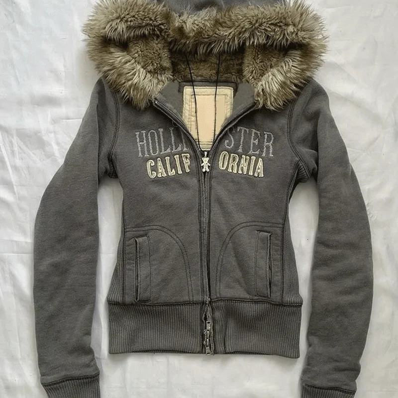 Retro Millennium Girl Style Slim Fit Washed Distressed Zipper Hooded Sweatshirt Womens American Cardigan Plush Jacket 250110